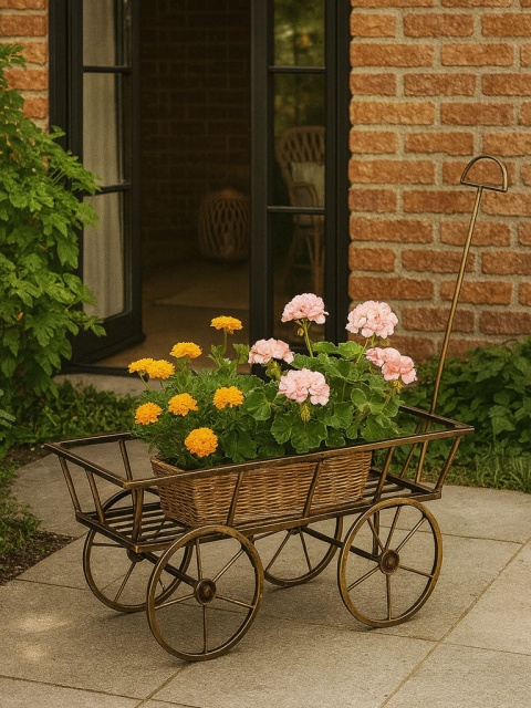Stilvoller Metall-Blumenständer in Form einer Schubkarre oder eines Fahrrads