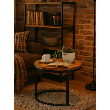 Stolik kawowy loft, gruby drewniany blat, metalowe nogi