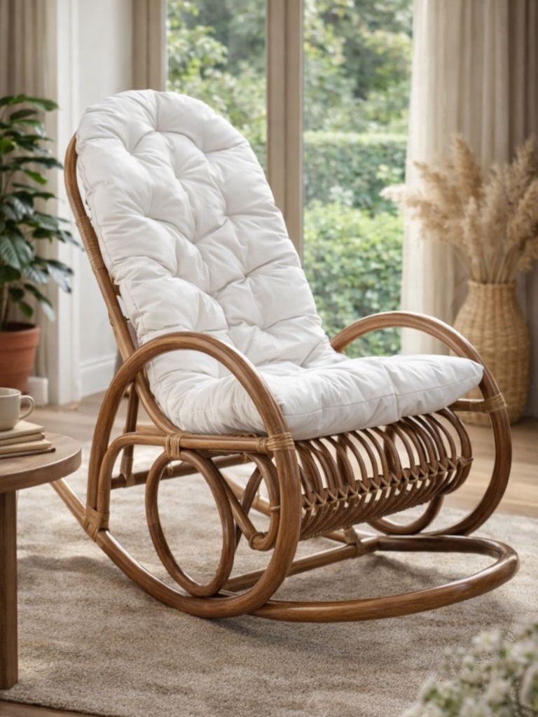 Fotel rattanowy bujany, naturalny rattan, brąz, z poduchą - Limeo