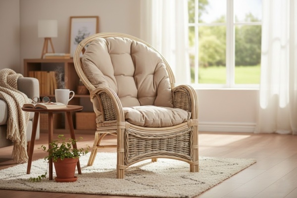 Rattansessel im Boho-Stil, weiß gewischt