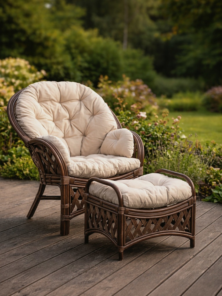 Rattansessel mit Fußhocker für Haus und Garten, braun, natürlich.