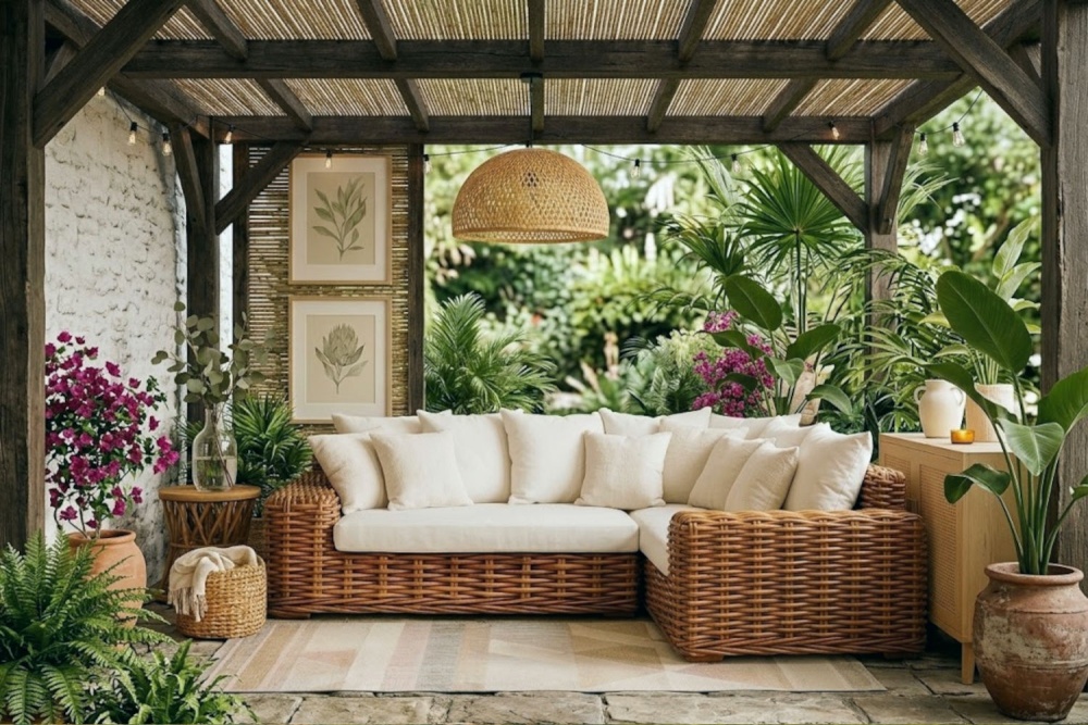 Stilvolles Rattansofa, Ecksofa aus natürlichem Rattan