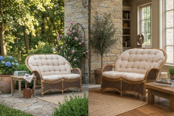sofa rattanowa naturalna w salonie boho