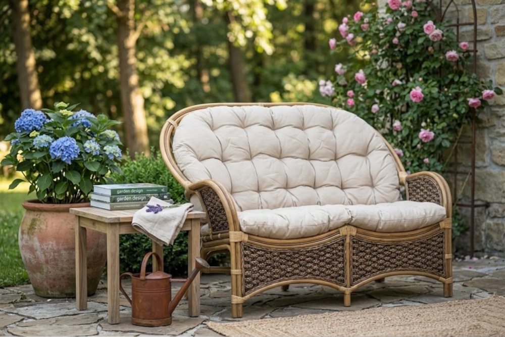 Naturalna sofa Boho rattanowa z poduszkami