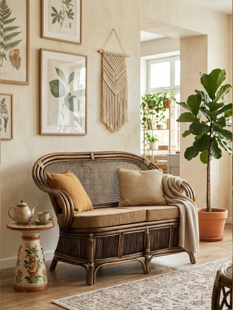 Stylowa sofa z rattanu i bambusa
