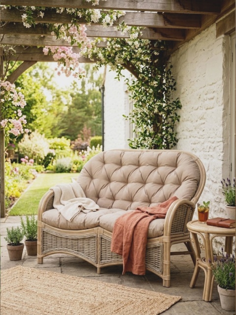 Sofa boho rattanowa przecierana na biało