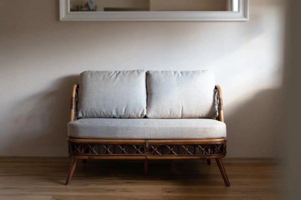 Sofa rattanowa z drewnem, naturalna