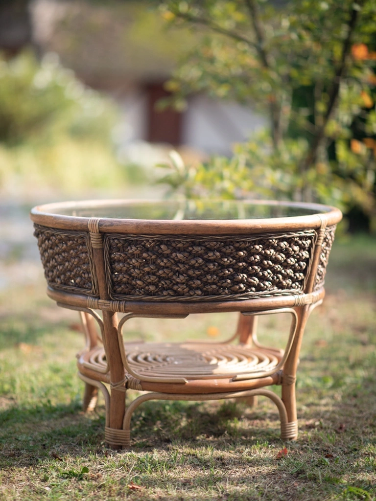 Rattantisch mit Abaca, Kaffee, natur, für Haus und Garten