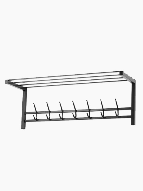 Čierny kovový vešiak s poličkou