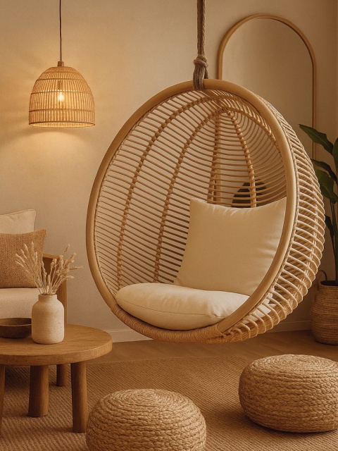 Hängesessel aus natürlichem Rattan im Boho-Stil