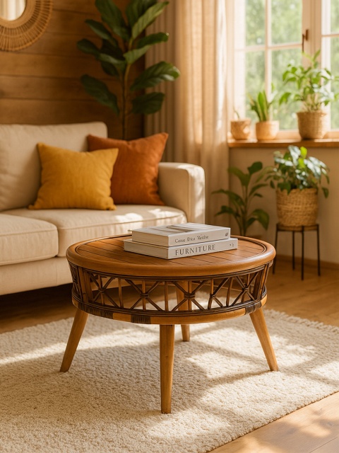 Stilvoller Couchtisch aus Holz und Rattan
