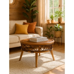 Stilvoller Holztisch mit natürlichem Rattan