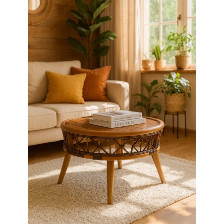 Štýlový konferenčný stolík z dreva a ratanu