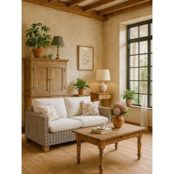 Sofa rattanowa, szara przecierana na biało, naturalna, do domu i ogrodu