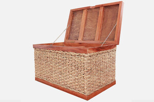 Skrzynia rattanowa drewniana, kufer z abaką, stylowy