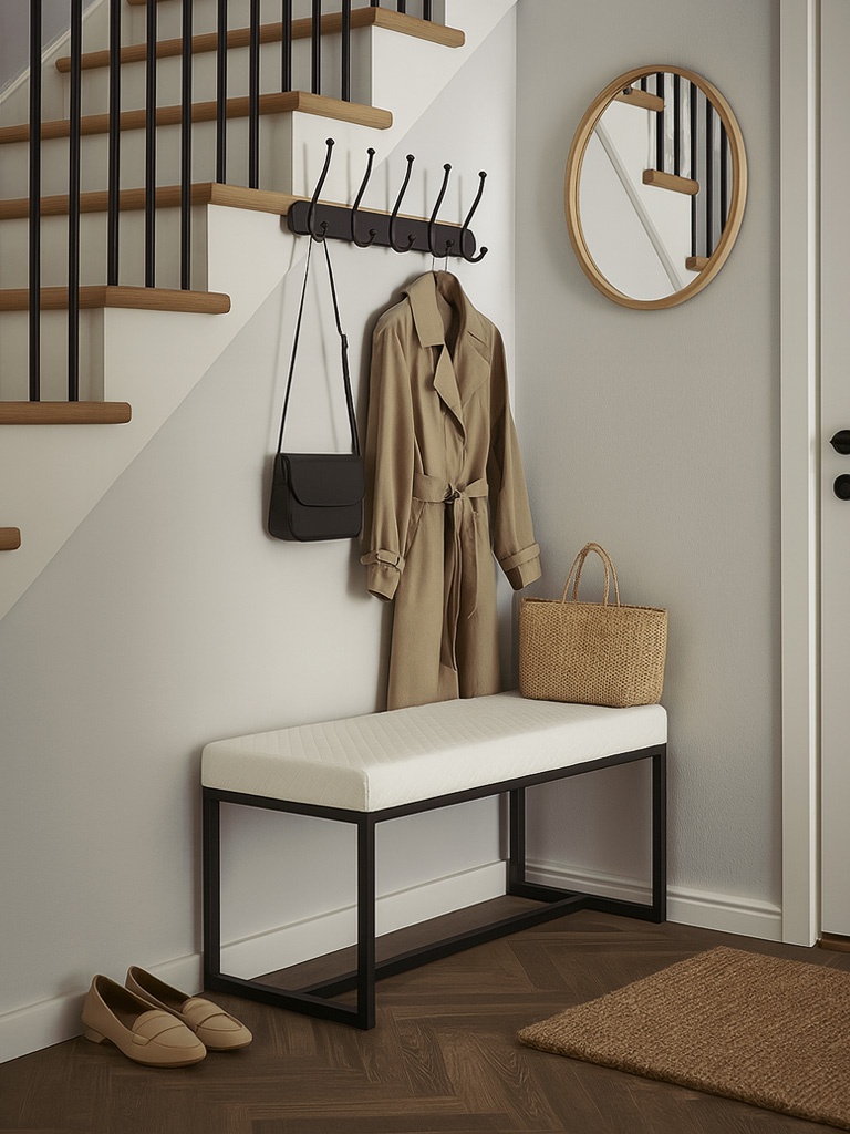 čierna kovová lavica v predsieni