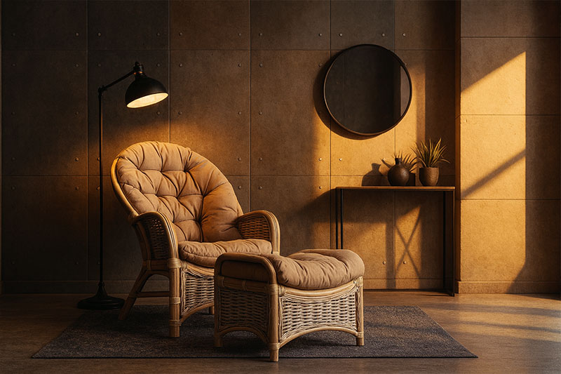 Rustikaler Rattansessel im industriellen Loft-Wohnzimmer