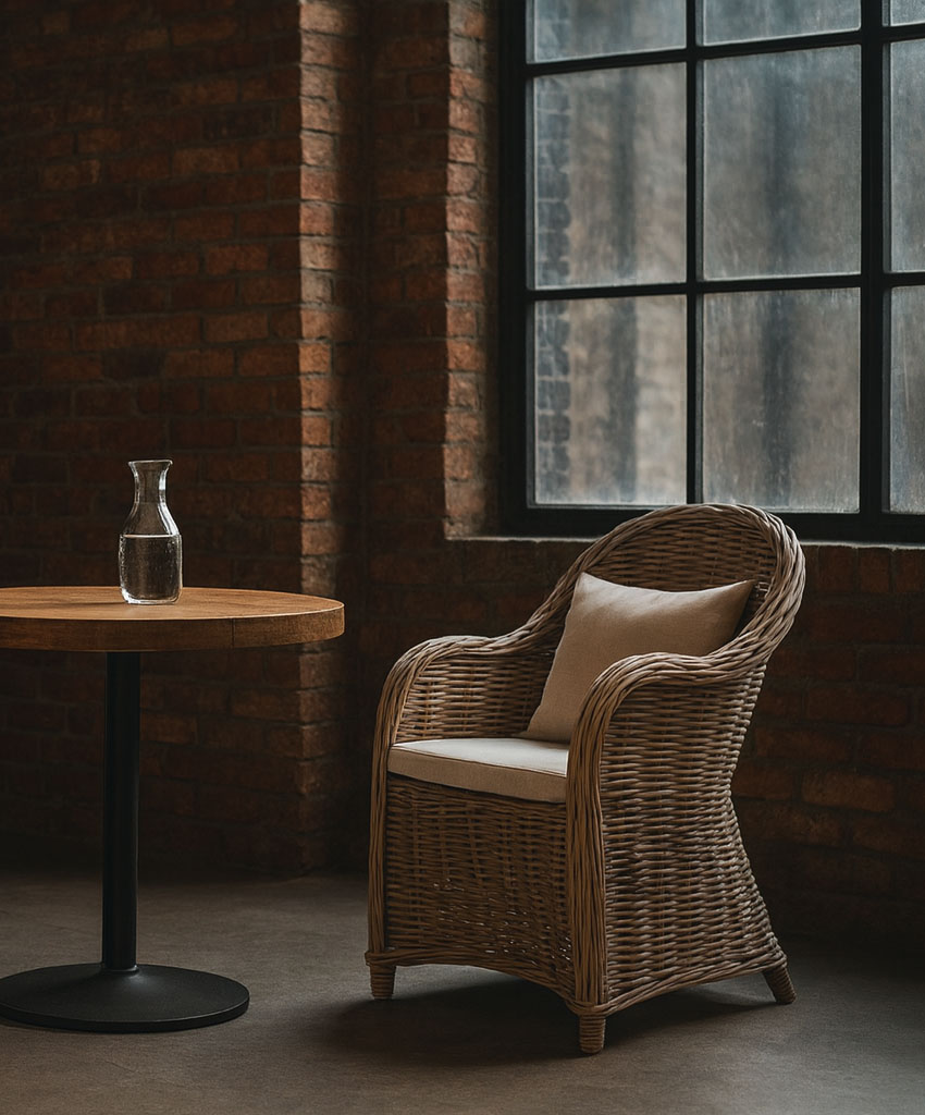 Sessel aus natürlichem Rattan im industriellen Loftstil