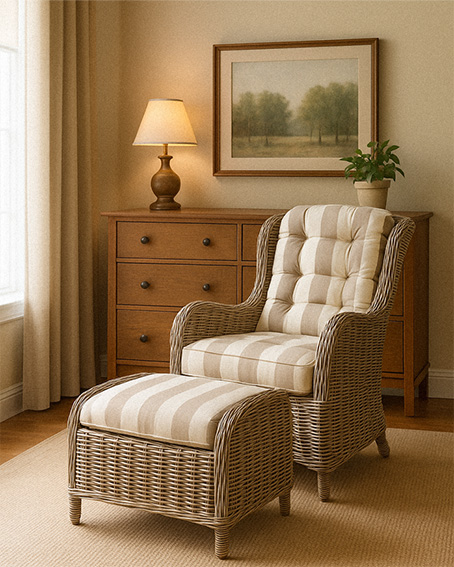 fotel rattanowy w domu, szary naturalny