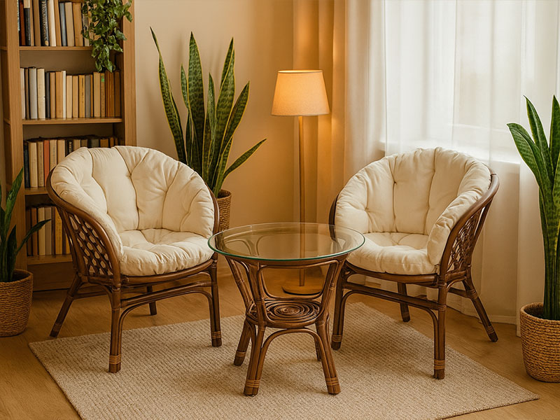 meble rattanowe w domu, zestaw kawowy