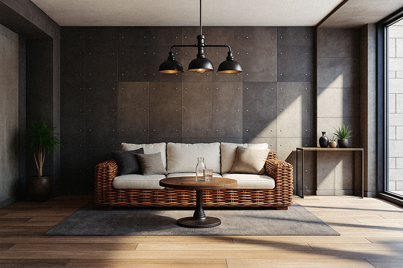 Rattansofa im industriellen Loft-Wohnzimmer