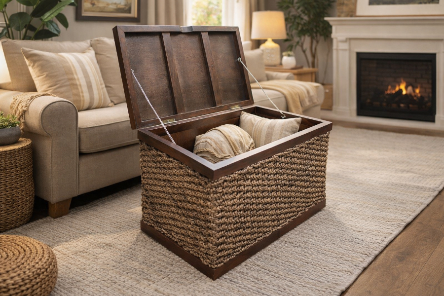 stylowa skrzynia drewniana w salonie z kocami