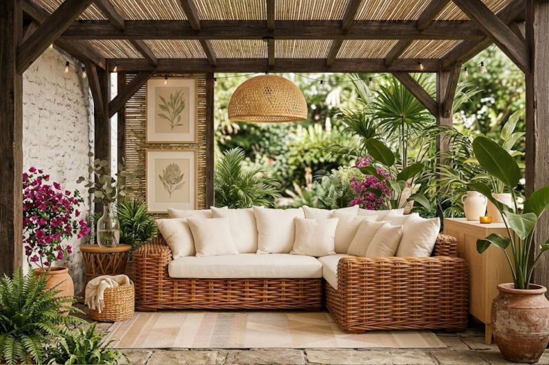 stylizowana sofa narożna z rattanu w ogrodzie