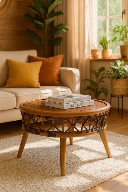 Stylowy stolik drewniany z rattanem naturalnym