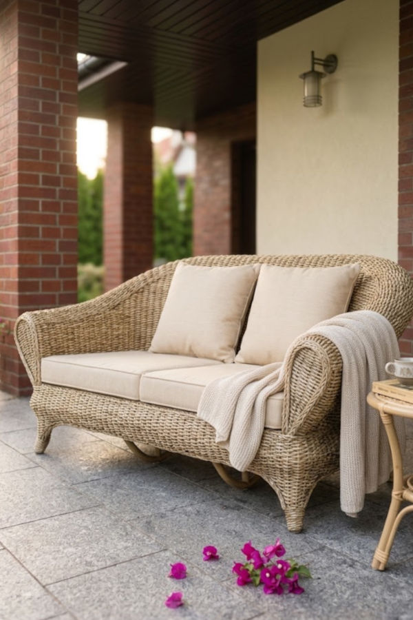 Rattanowa sofa stylowa z białej abaki oraz rattanu | Simoo dwójka