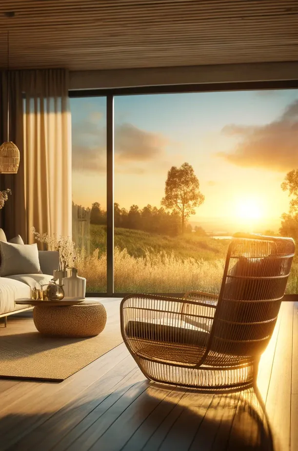 Rattansessel im Wohnzimmer Sonnenuntergang