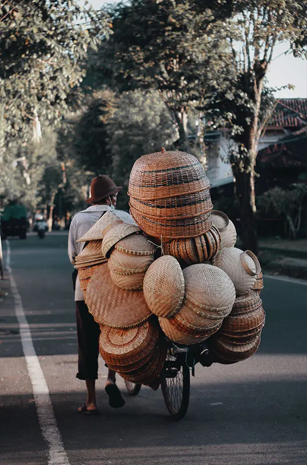 Rattan Körbe, Rattan Korb, Fahrrad, Indonesien Mensch