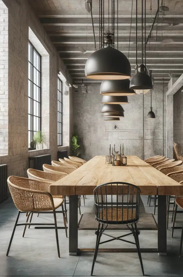 Tischplatte aus dickem Holz mit Rattanstühlen